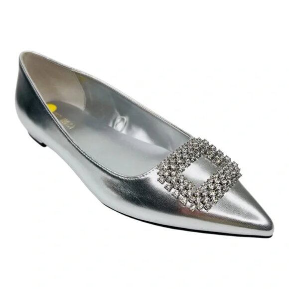 NINE WEST Women's Metallic Silver Embellished Buckle Pointy Flats 9 NEW - Picture 1 of 6